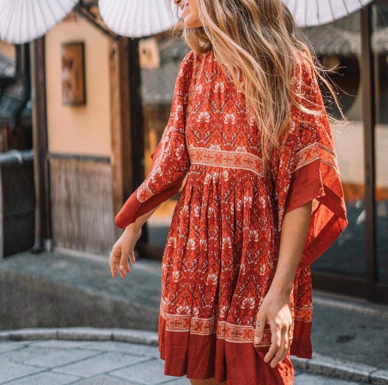 R.Vivimos Women's Summer Cotton Half Sleeve Casual Loose Bohemian Floral Tunic Dresses (XL, Red) - Image 3